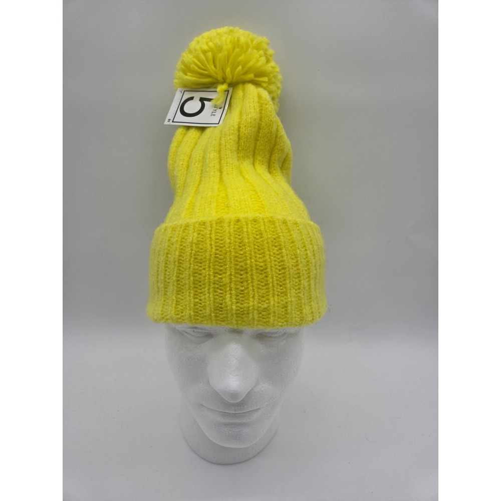 Unbranded Beanie Hat One Size Yellow Womens Ribbed Knit Pom-Pom Winter Accessory - Picture 1 of 8